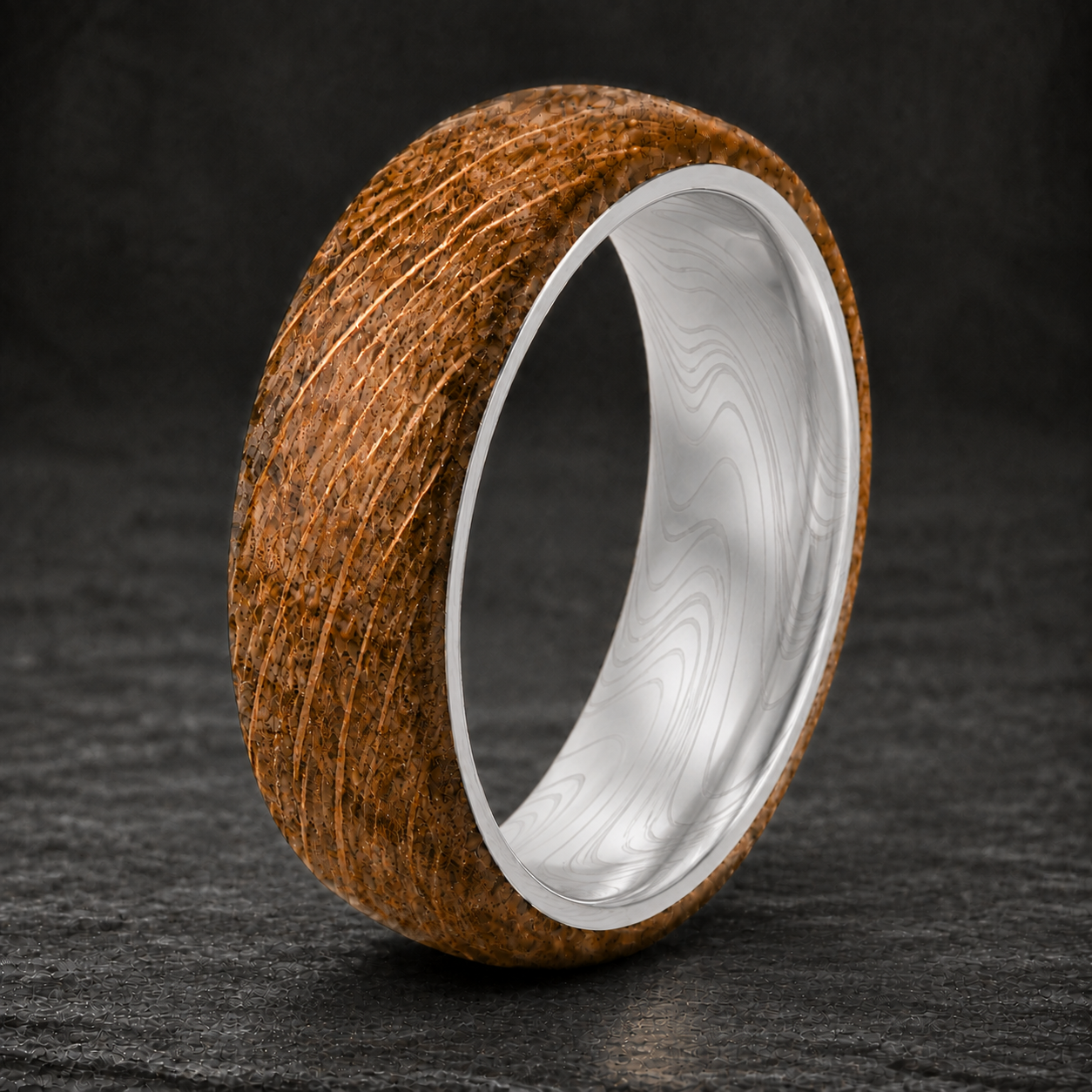 Whiskey Barrel Damascus Steel Ring