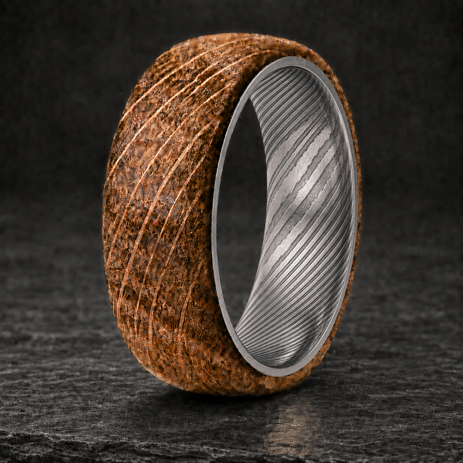 Whiskey Barrel Damascus Steel Ring