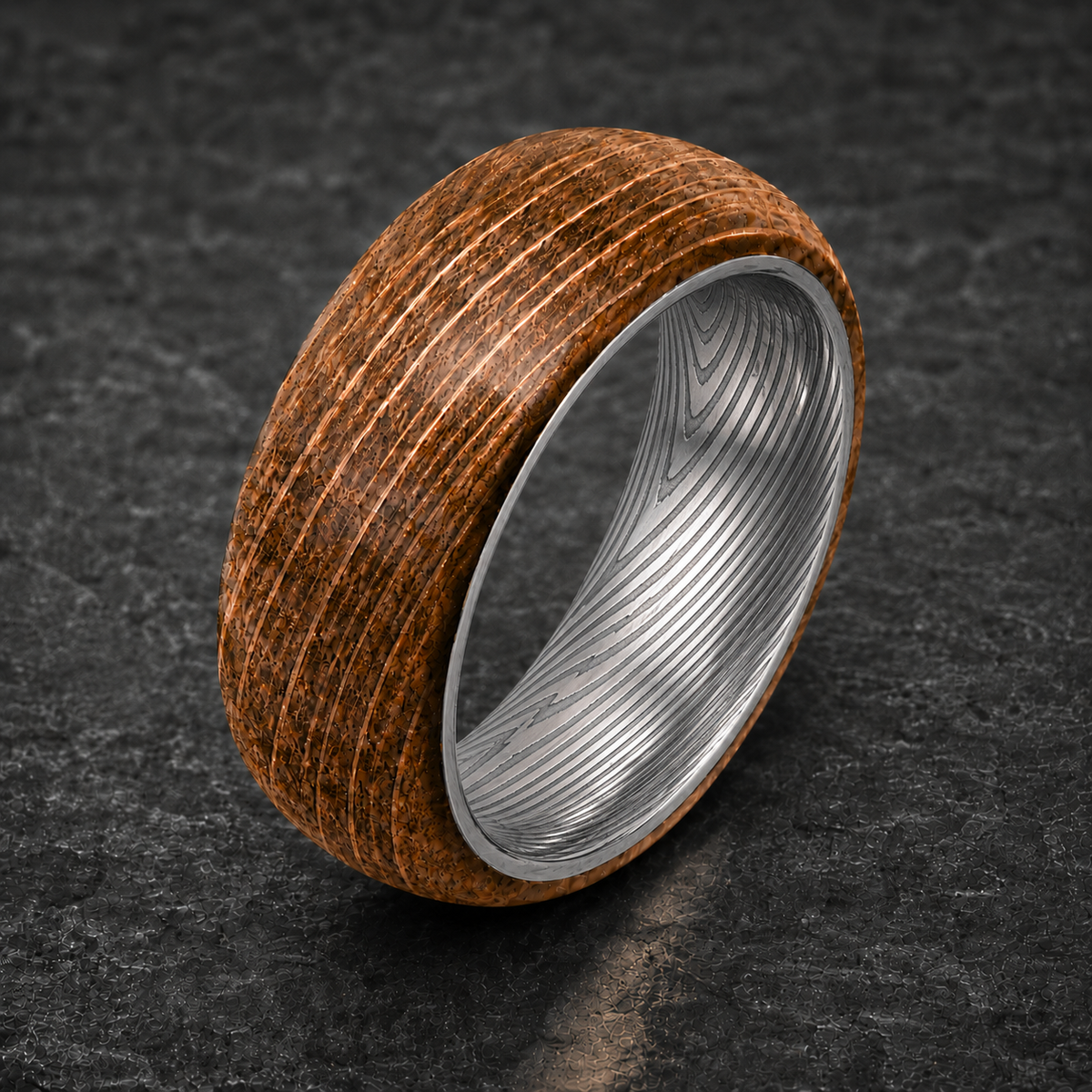 Whiskey Barrel Damascus Steel Ring