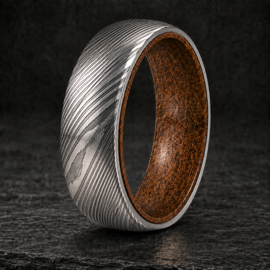 Damascus Steel Whiskey Barrel Ring