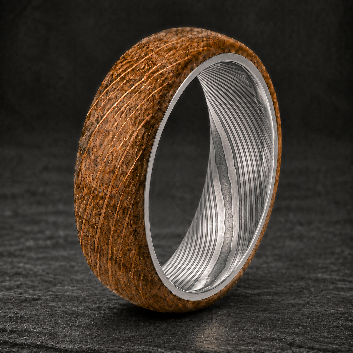 Whiskey Barrel Damascus Steel Ring